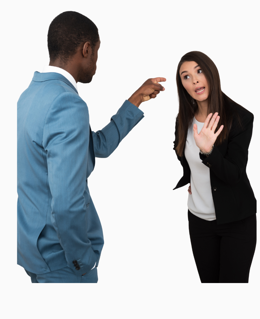 Tense workplace interaction between two colleagues during a disagreement