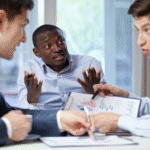 Colleagues in a business meeting debating data while one person looks uncertain