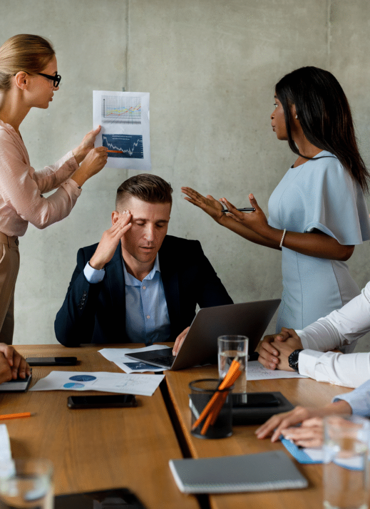 Leader feeling overwhelmed during a high-pressure business meeting