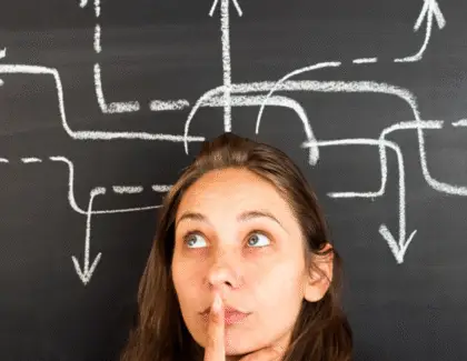 Woman contemplating choices under pressure with arrows on chalkboard