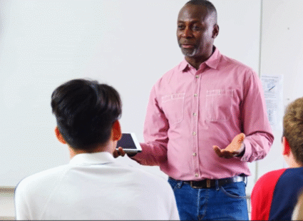 Facilitator leading discussion to build communication and decision-making skills