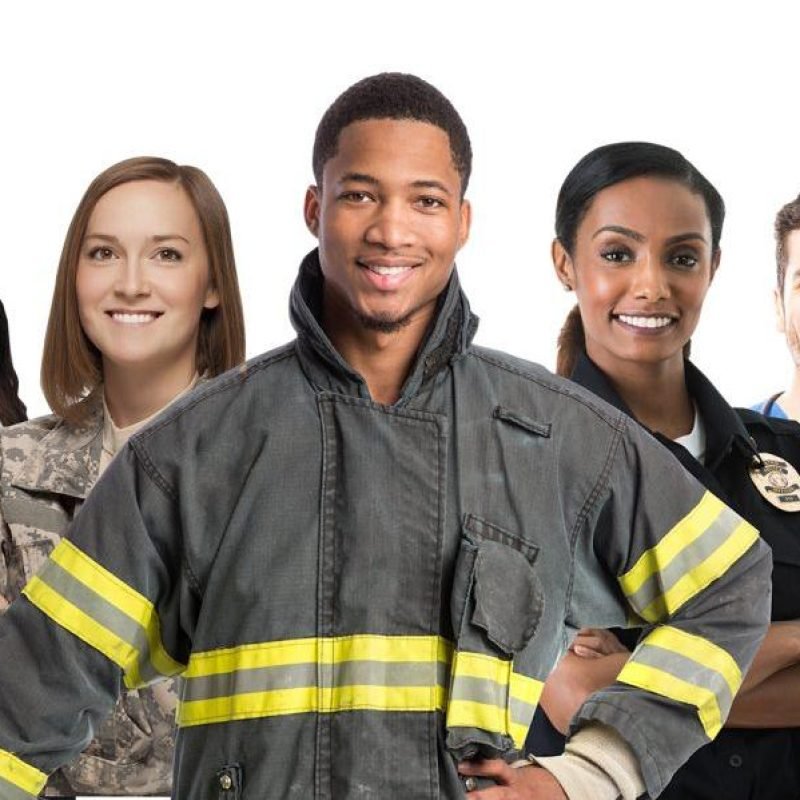 First responder simulation training team – firefighter, EMT, and police officer